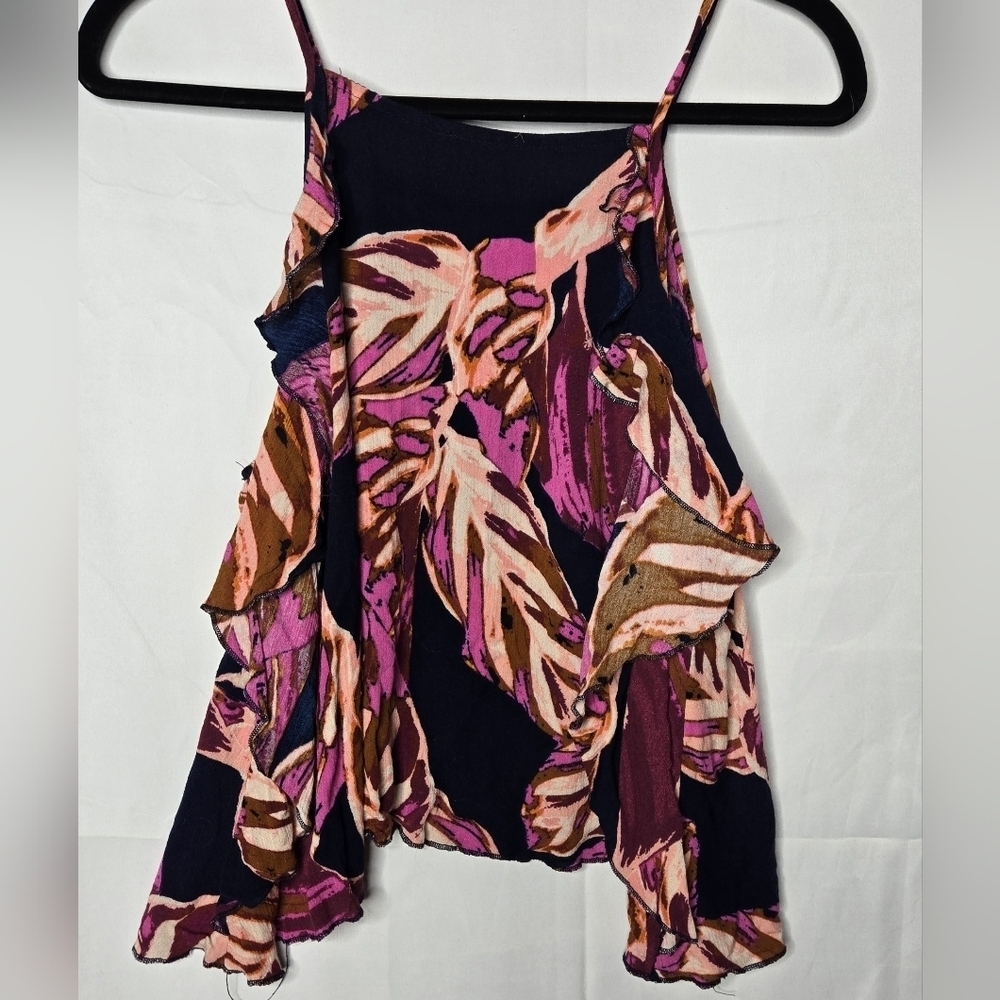 Boho Tropical Leaf Ruffle Tank Size Large Navy Pink & Brown Floral Flowy